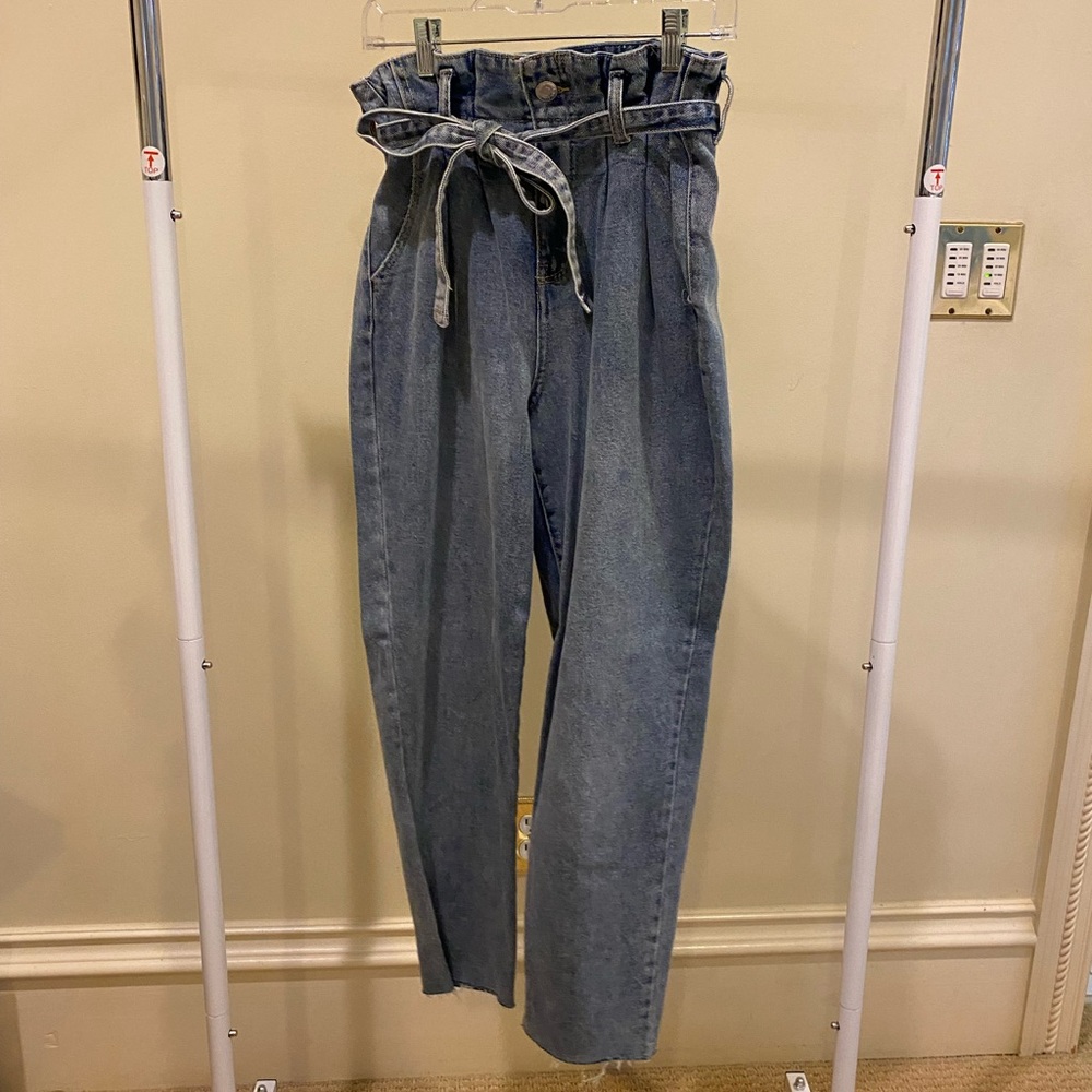 Wild Fable High Rise Blue Jeans High-Waisted Paperbag Jeans | Tie Belt Mom Fit